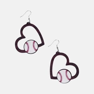 Heart Baseball Wood Earring